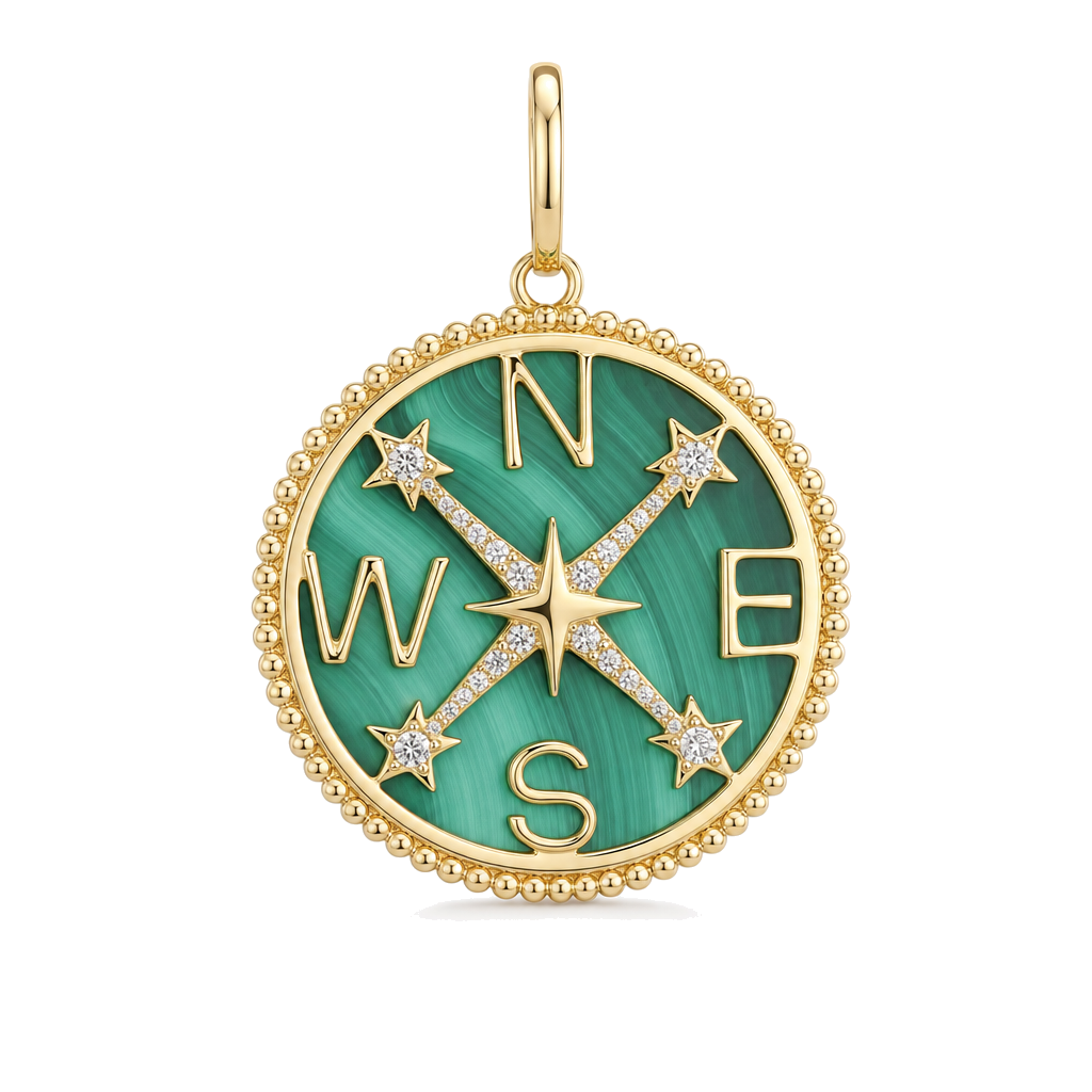 Gemstone Compass Coin Diamond Necklace Charm, alternate angle