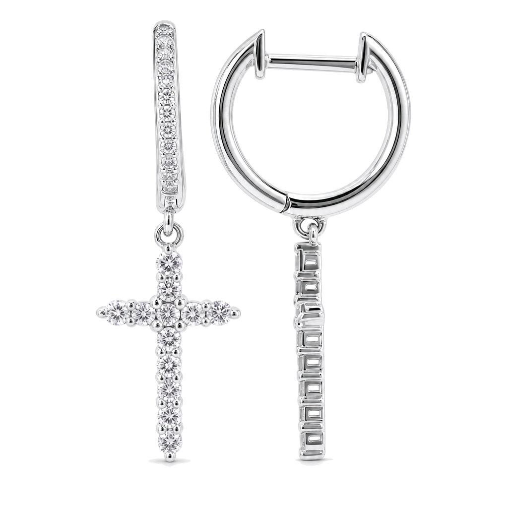 Micro Pave Diamond Cross Dangling Huggie Earrings, view 8