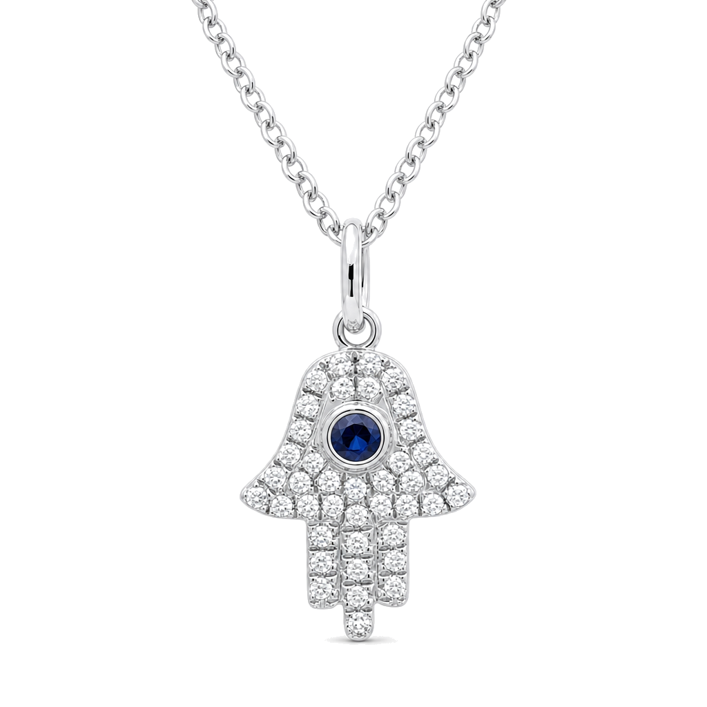 Micro Pave Diamond Sapphire Hamsa Necklace worn on hand