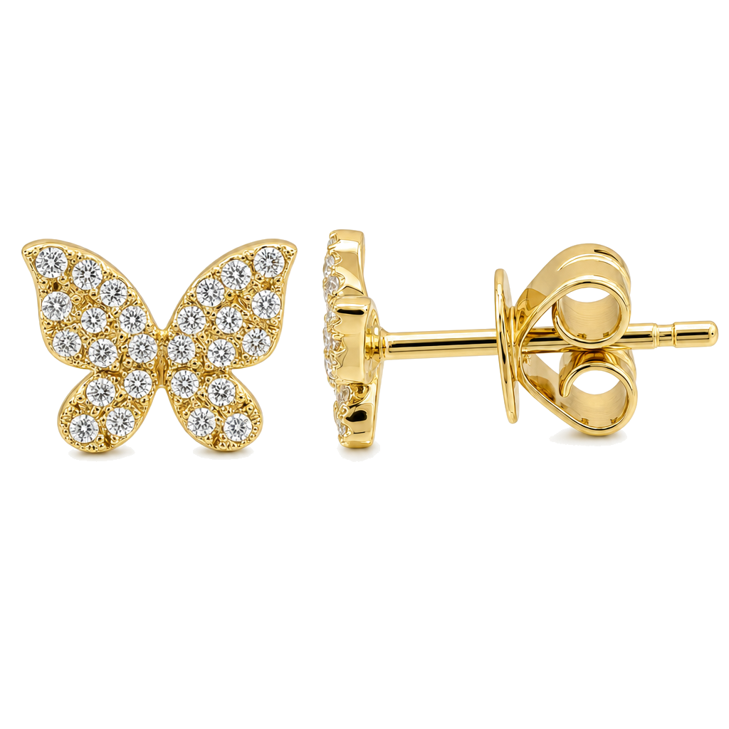 Micro Pave Diamond Mini Papillon Butterfly Button Earrings worn on hand