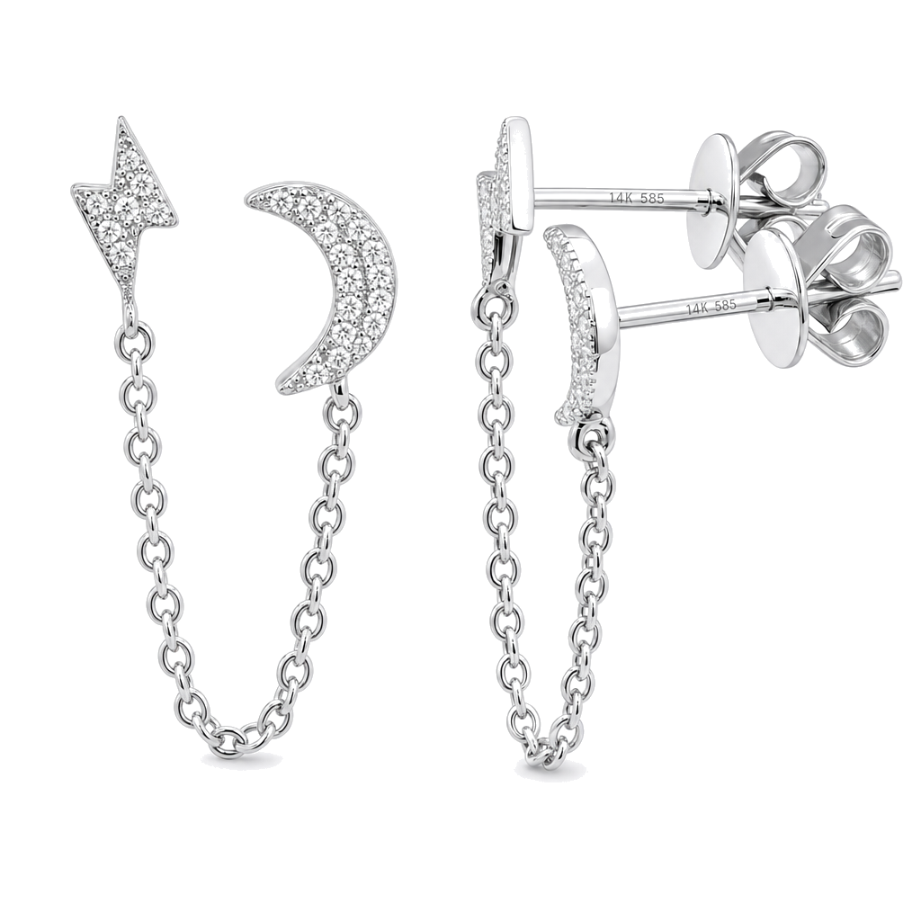 Diamond Pave Chained Lightning Bolt & Moon Double Earring worn on hand