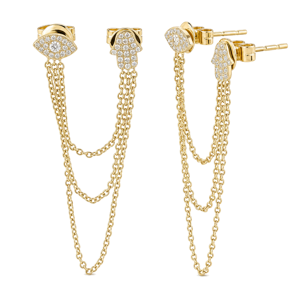 Evil Eye & Hamsa Chained Diamond Earring, diamond, Izakov Fine Jewelry