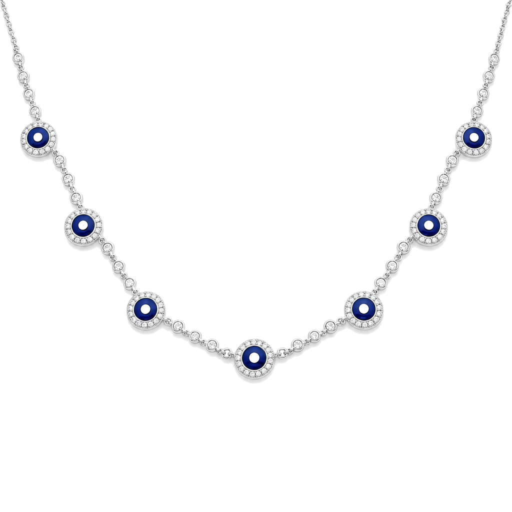 Diamond Halo Lapis Evil Eyes Necklace worn on hand
