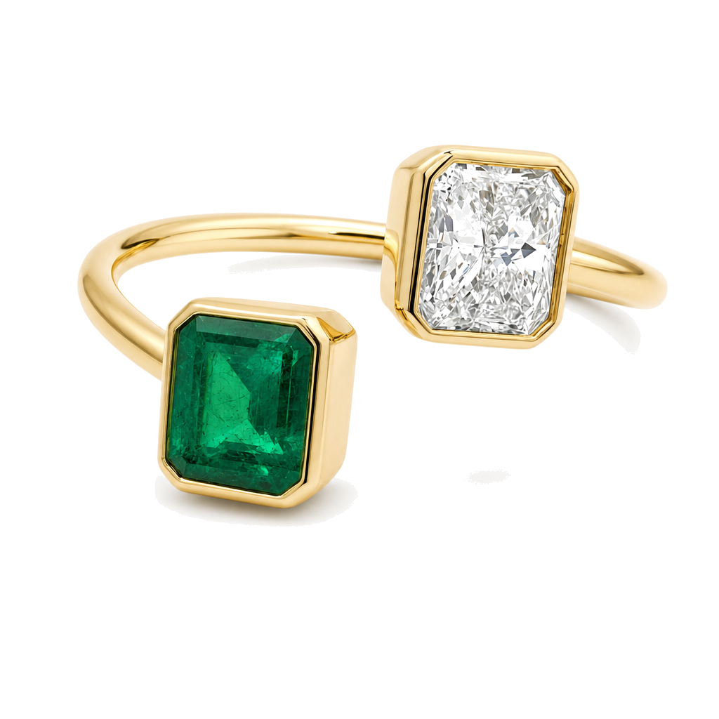 Toi et Moi Radiant Cut Diamond & Emerald Wrap Ring