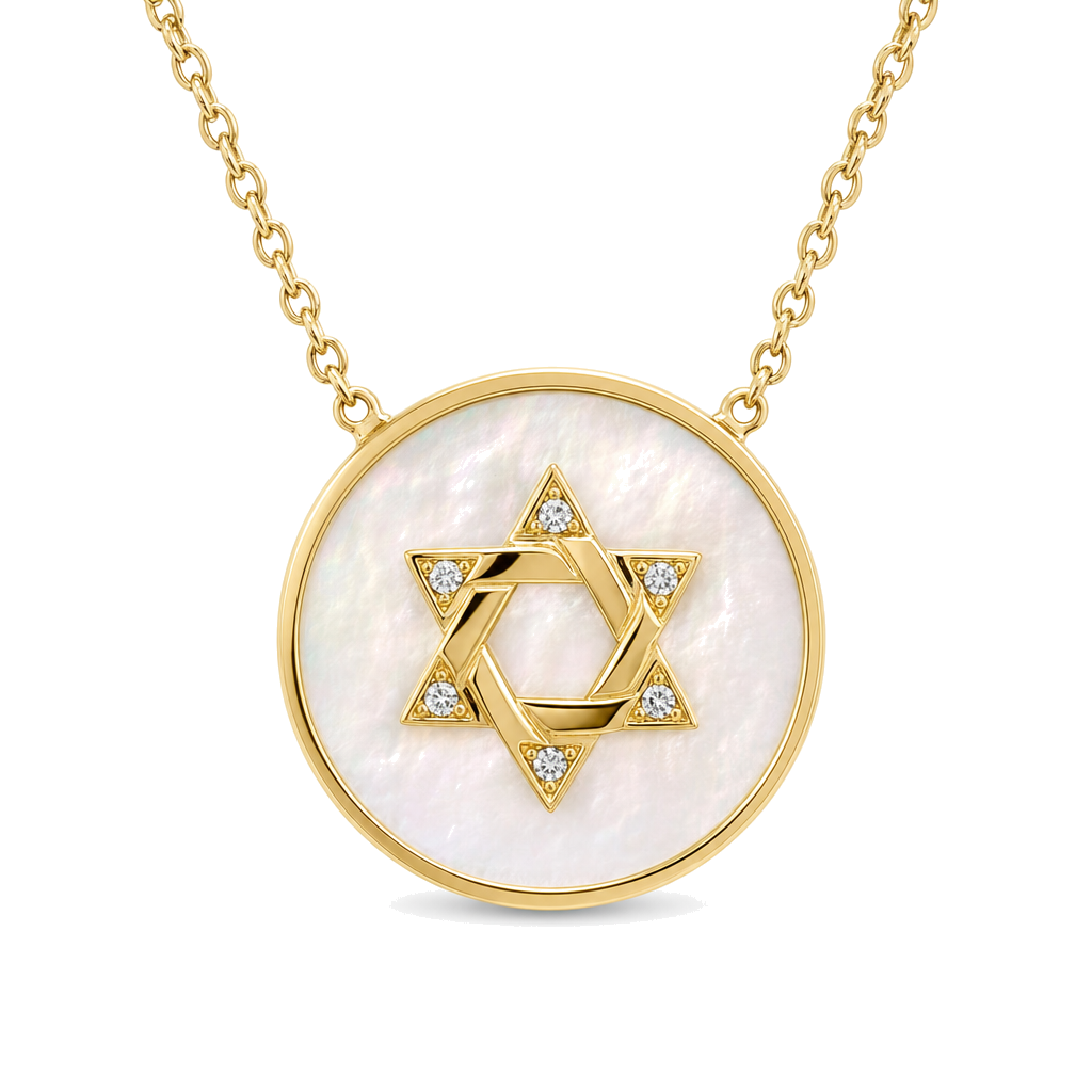 Round Diamond and Mother of Pearl Star of David Necklace