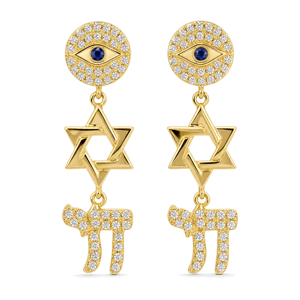 Diamond Evil Eye Chai & Star of David Dangle Earrings