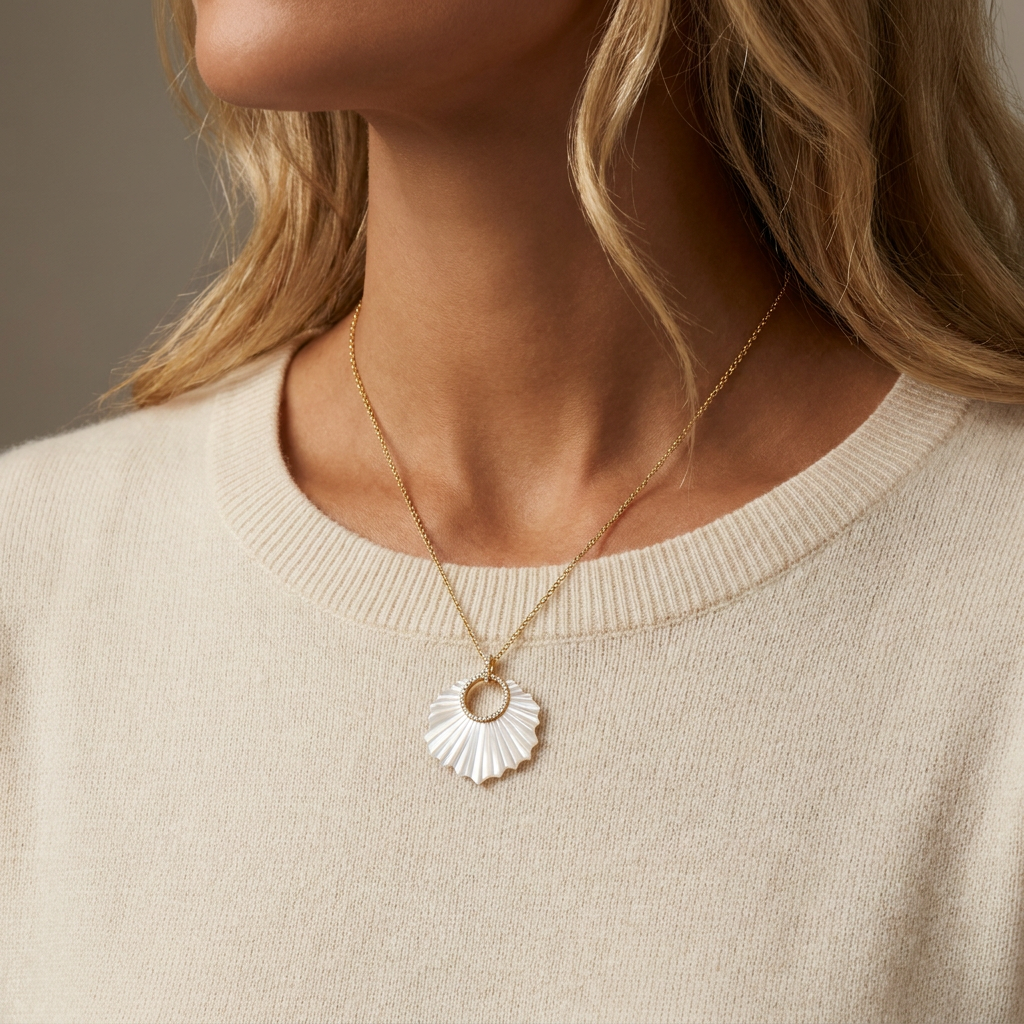 Round Diamond and Mother of Pearl Fluted Leaf Necklace — model shot