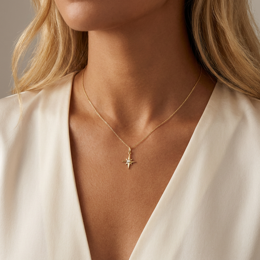 Round Diamond Starburst Necklace Charm — model shot