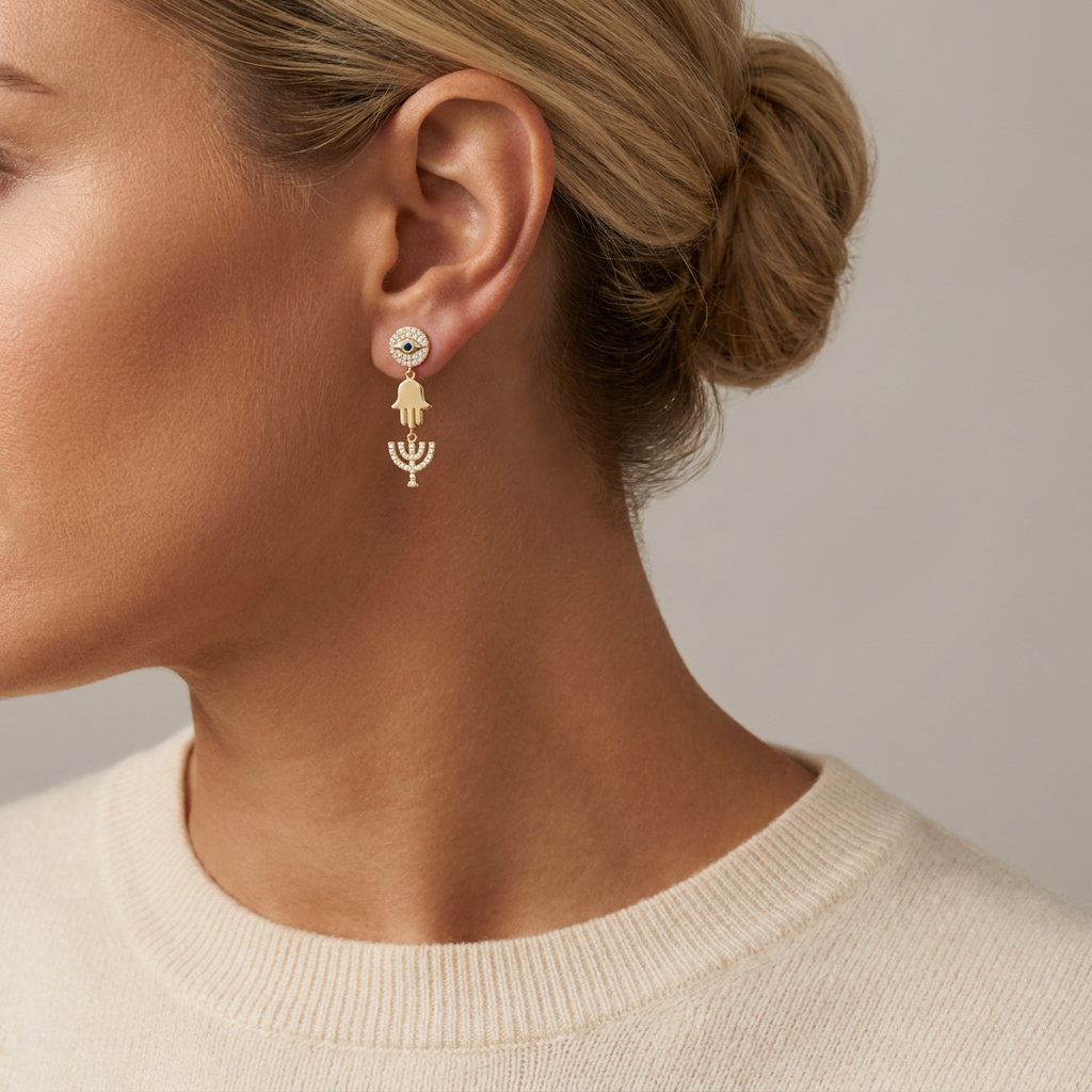 Round Diamond and Sapphire Evil Eye Menorah and Hamsa Earrings — model shot