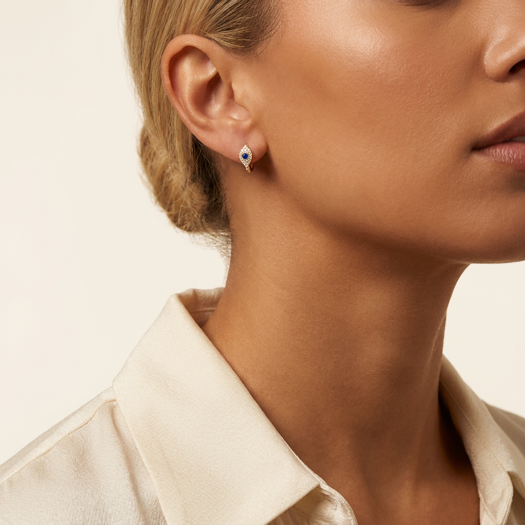 Micro Pave Diamond Blue Evil Eye Huggie Earrings — model shot
