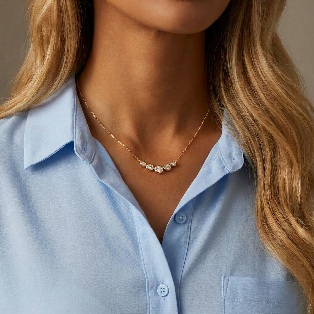 Graduated Bezel Set Diamond Necklace — model shot