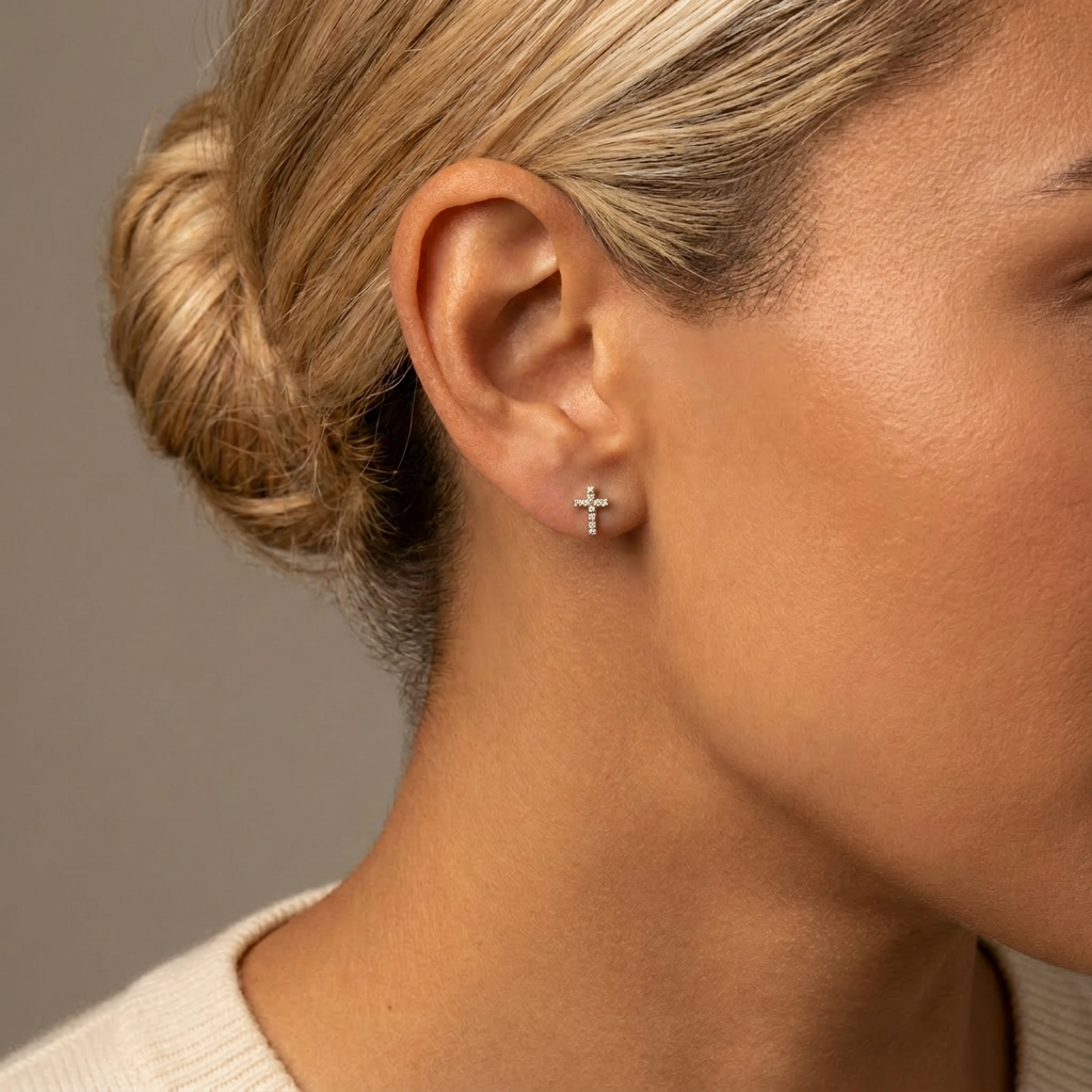 Mini Cross Diamond Button Earrings — model shot
