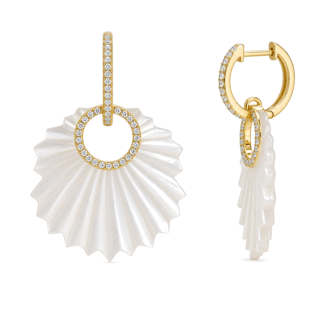 Round Diamond and Mother of Pearl Fluted Leaf Huggie Earrings