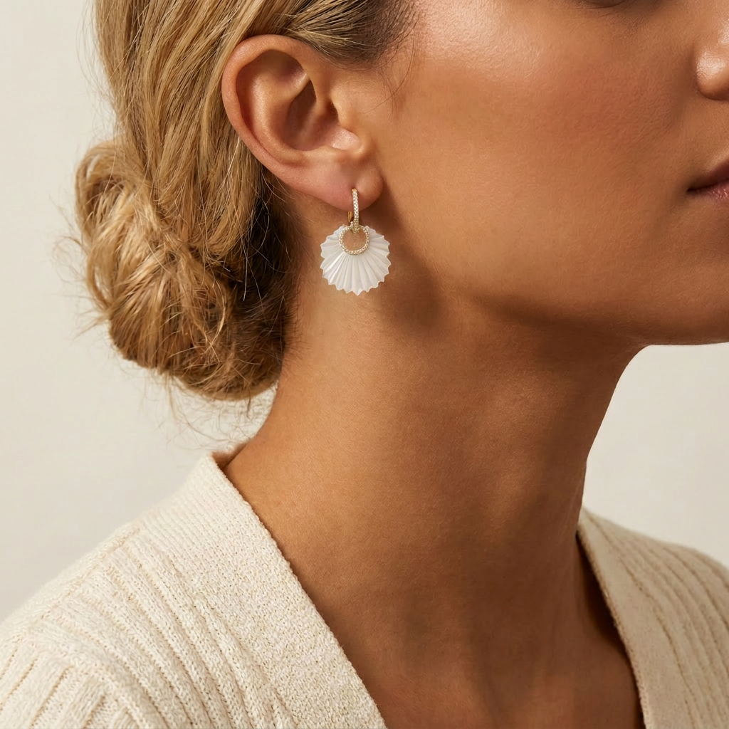 Fluted Mother of Pearl Leaf Diamond Huggie Earrings — model shot