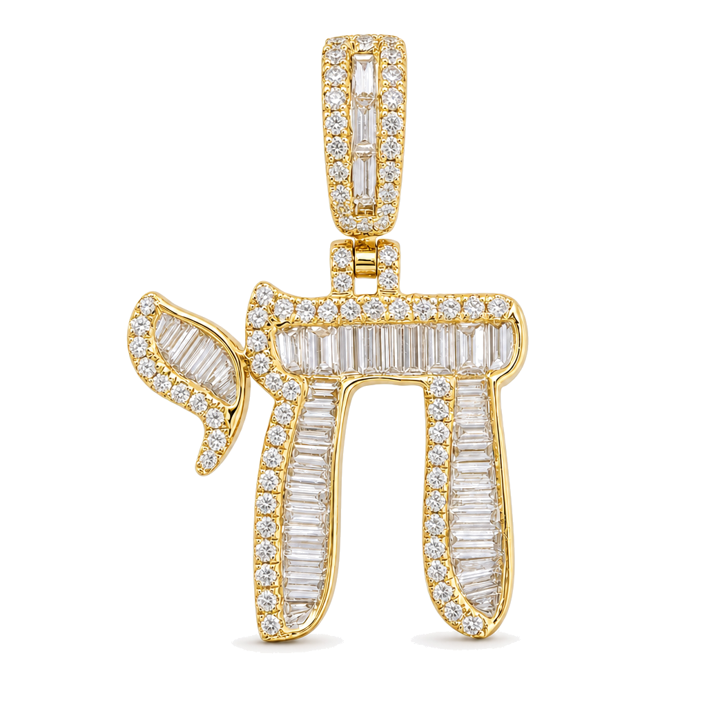 Baguette & Round Diamond Hebrew Chai Pendant ©