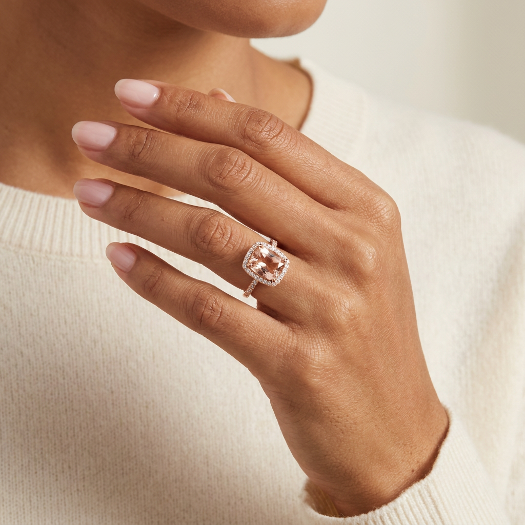 Morganite Cushion Halo Diamond Cocktail Ring — model shot