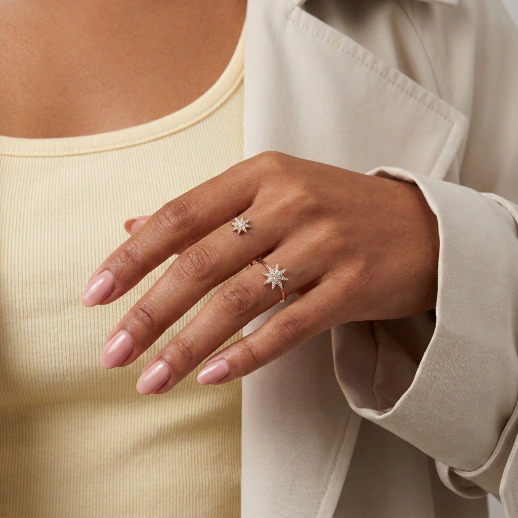 Starburst Two-Finger Diamond Ring — model shot