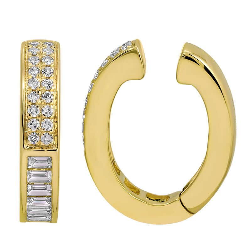 Half Baguette Half Round Diamond Ear Cuff in 14K gold, featuring round and baguette diamonds for a unique fine jewelry design.