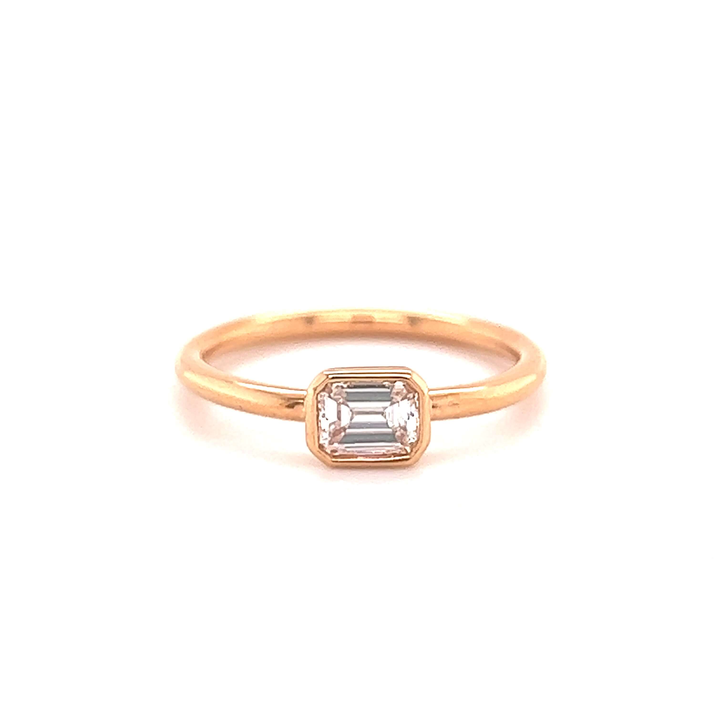 Elegant rose gold ring with an emerald-cut diamond centerpiece from our exquisite jewelry collection.