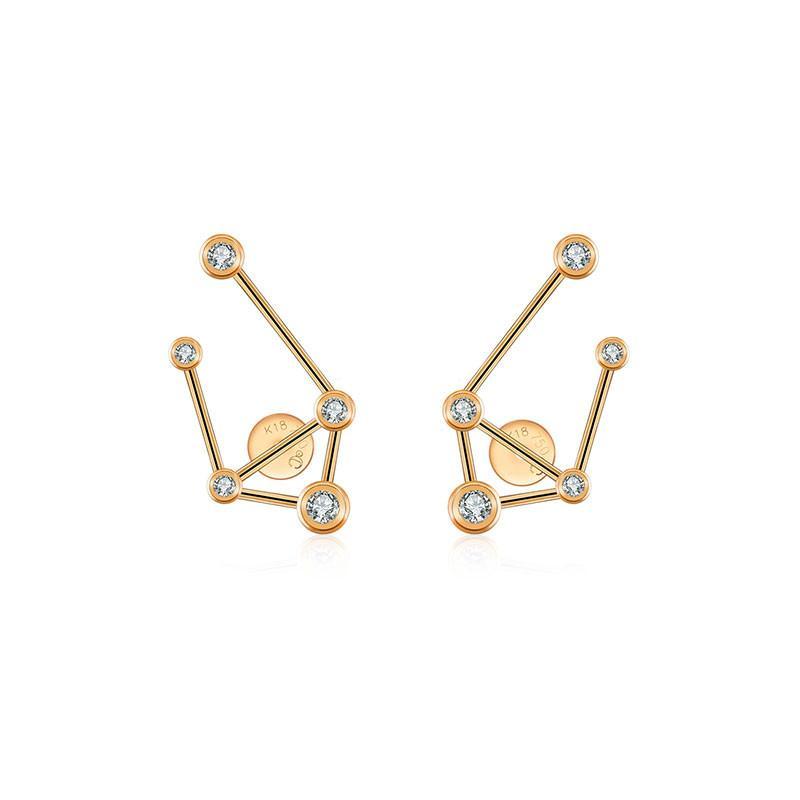 18K gold zodiac constellation diamond earrings, celestial design with sparkling diamonds for elegant style.