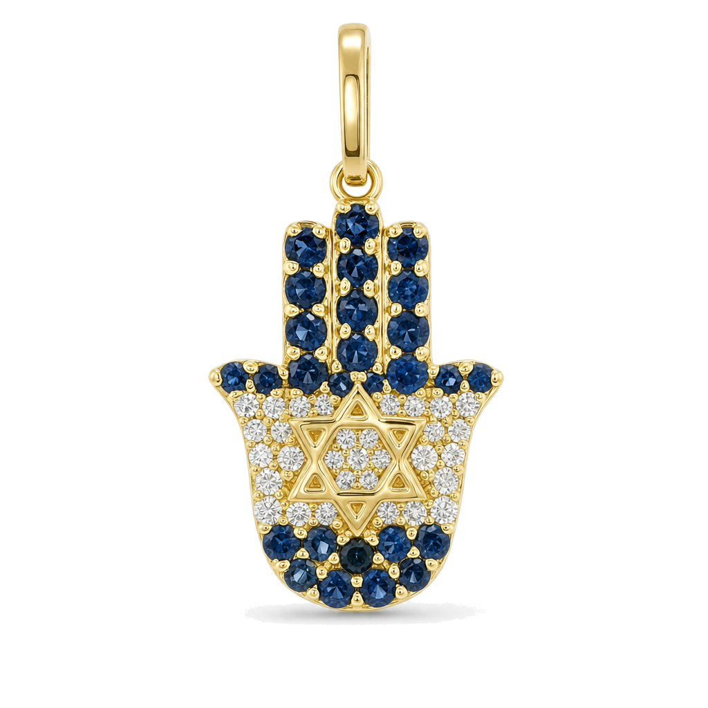 Diamonds & Sapphires Israel Flag Hamsa Pendant ©, diamond sapphire, Izakov Fine Jewelry