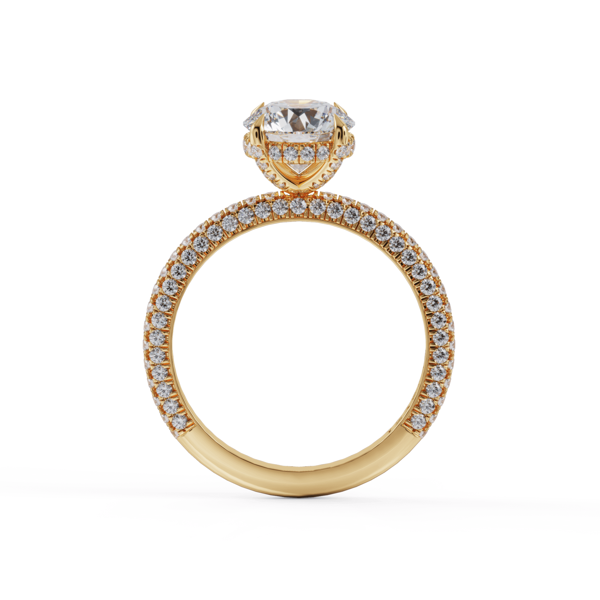 Elegant gold engagement ring with brilliant diamond centerpiece and pave side stones from our exclusive jewelry collection.