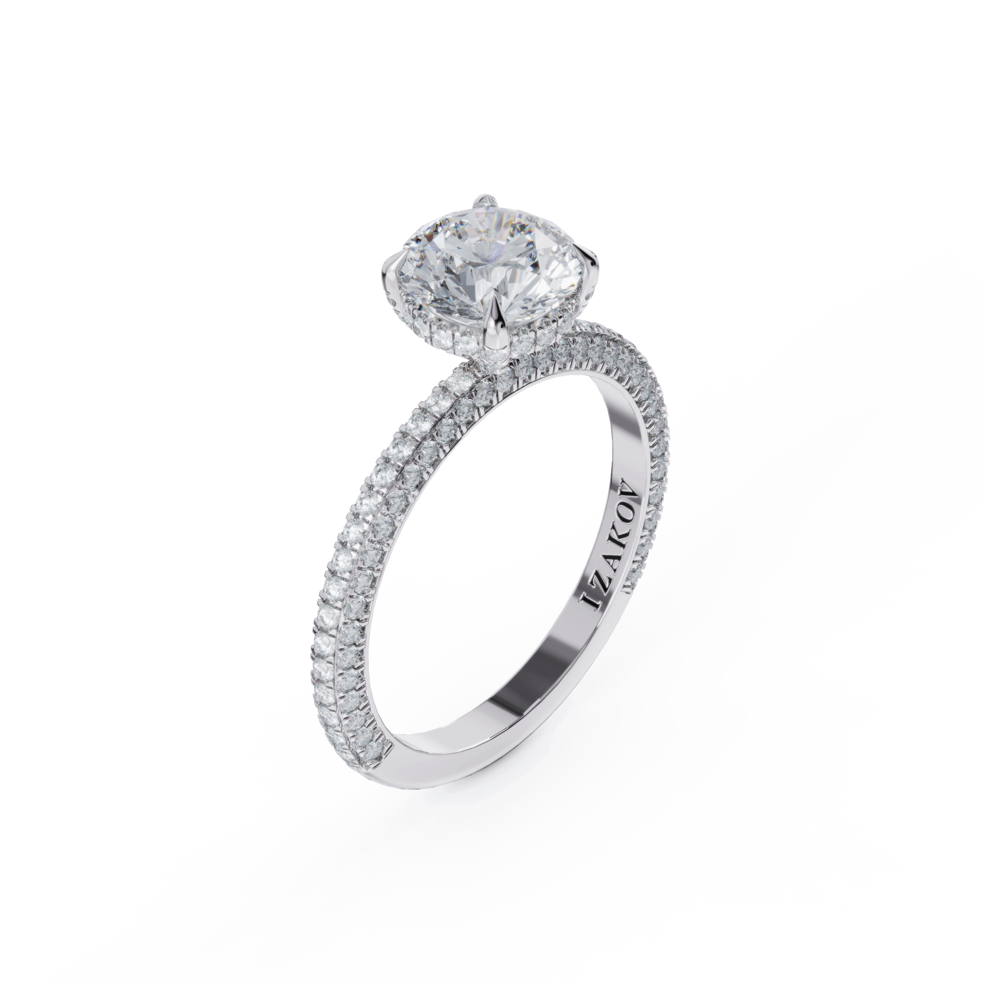 Elegant diamond engagement ring with a round cut center stone and pavé-set band from Izakov Jewelry.