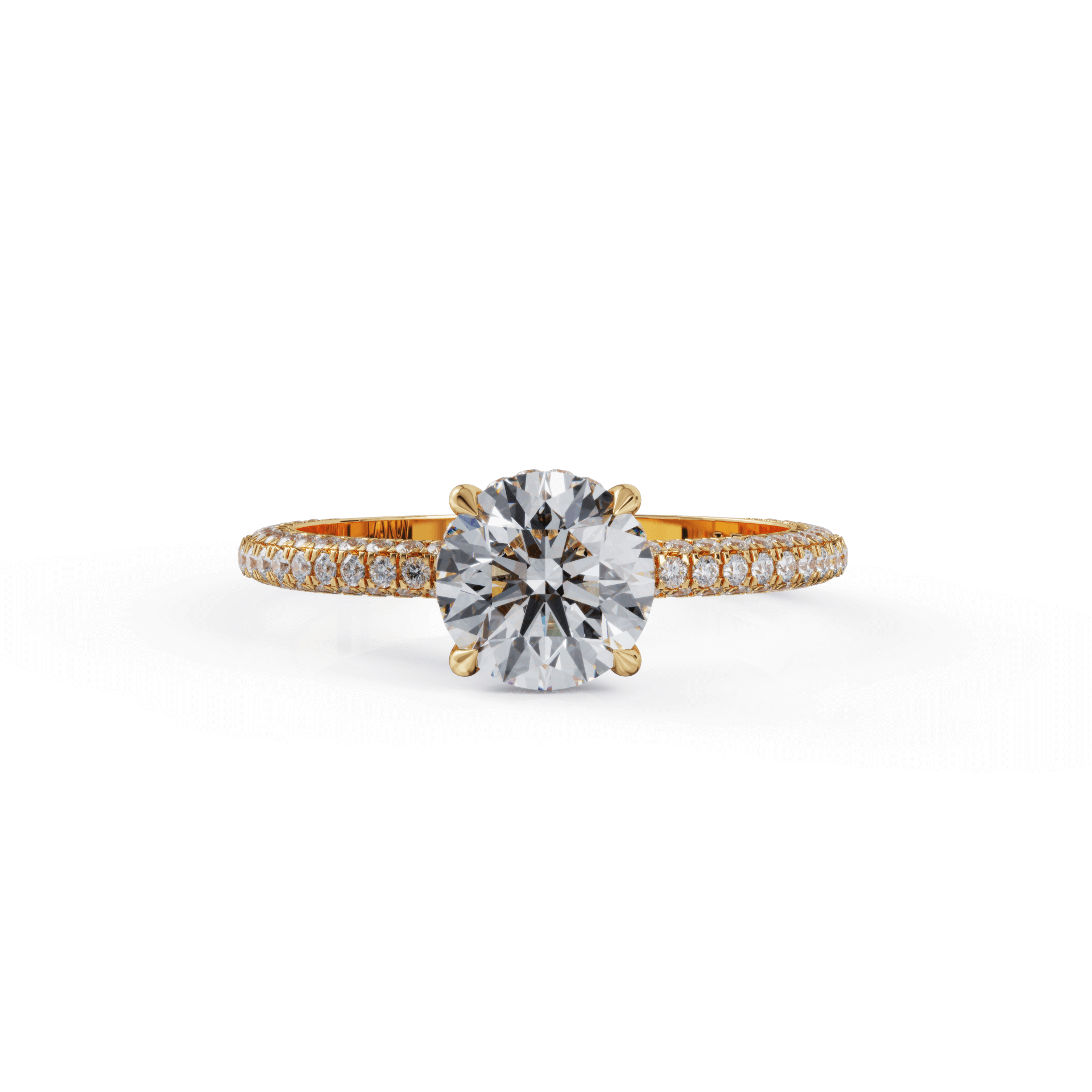 Elegant gold engagement ring with sparkling round-cut diamond and pave band from our luxury jewelry collection.