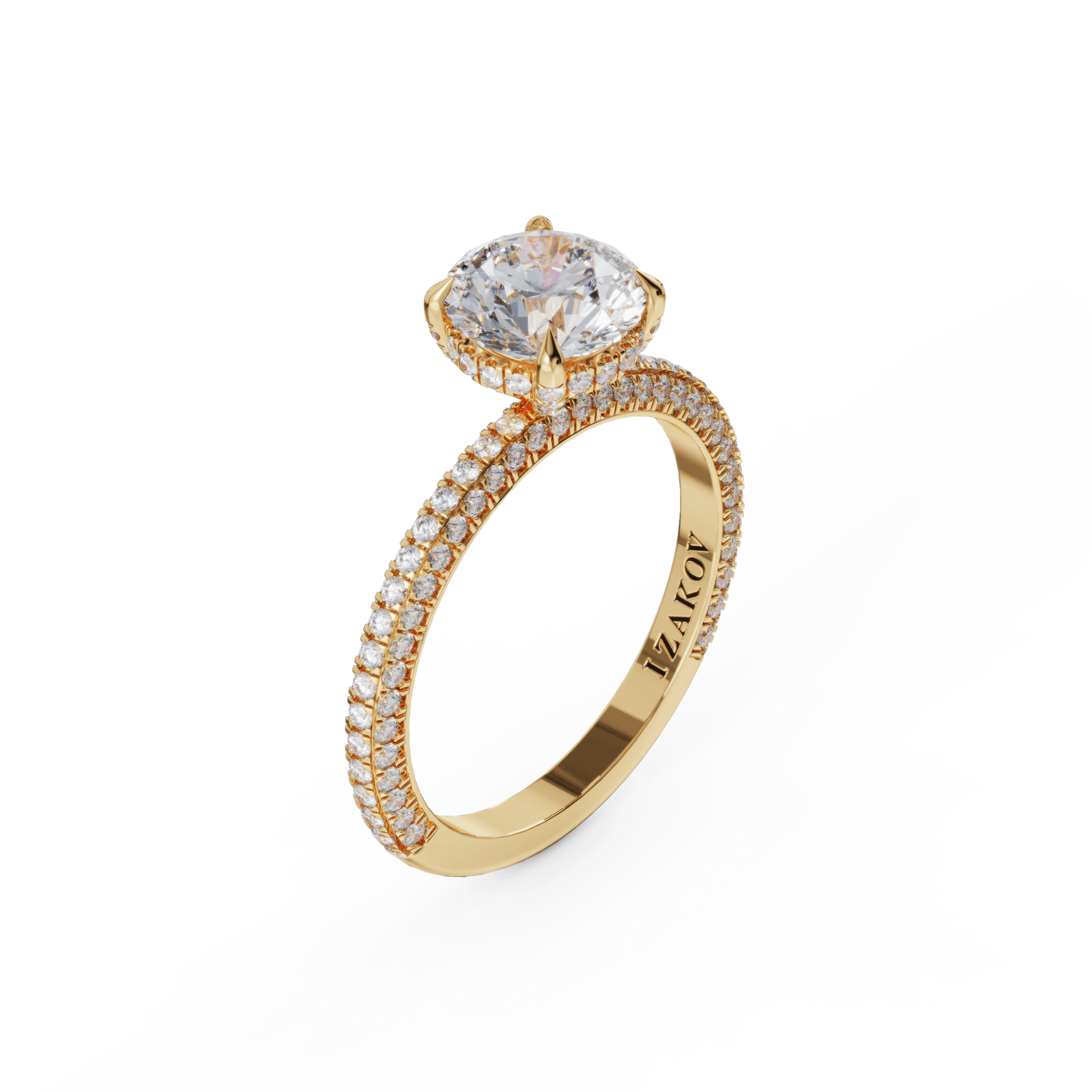 18k gold engagement ring with a round-cut diamond and pave band from our luxury jewelry collection