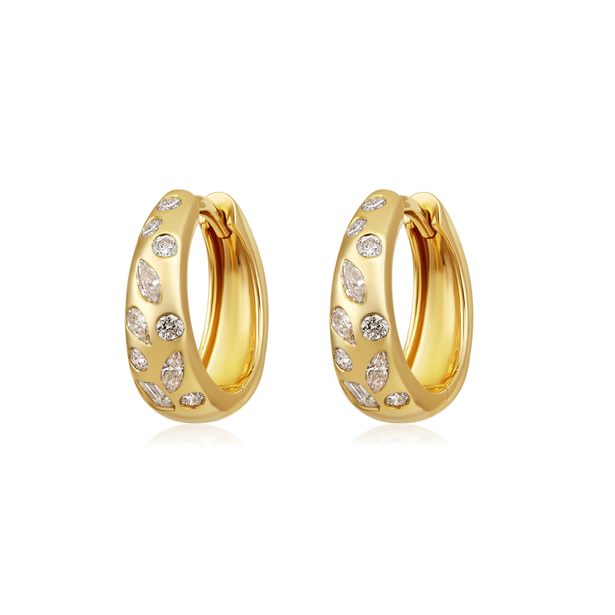 Multi Shape Diamond Flush Huggie Earrings in 14k yellow gold, pair