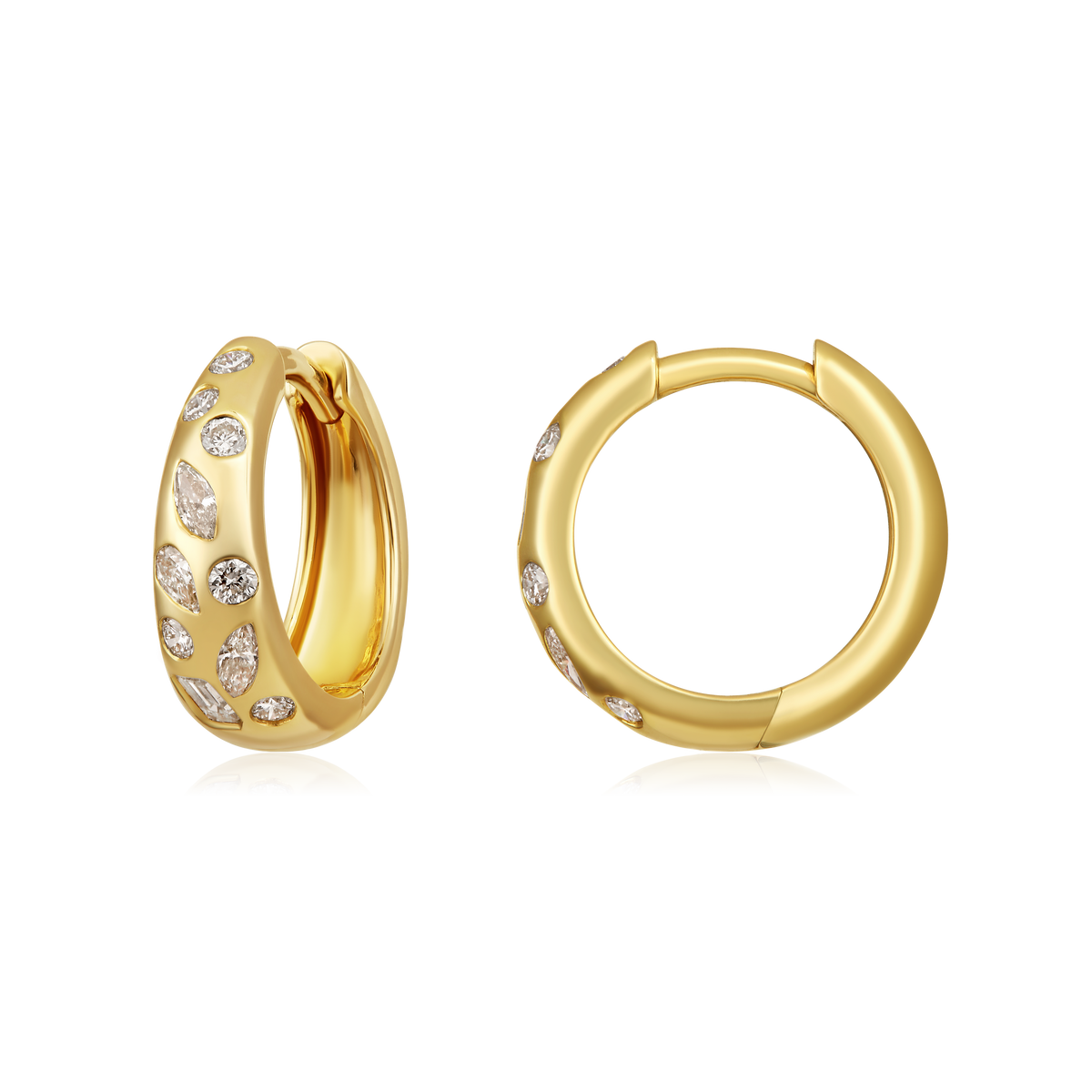 Multi Shape Diamond Flush Huggie Earrings in 14k yellow gold