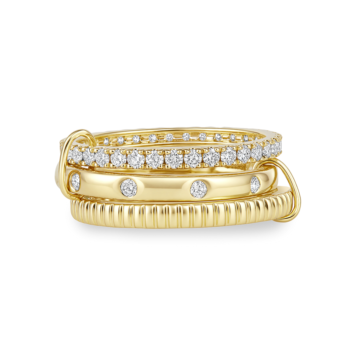 Three Row Pavé Diamond Fluted Stack Ring in 14k yellow gold