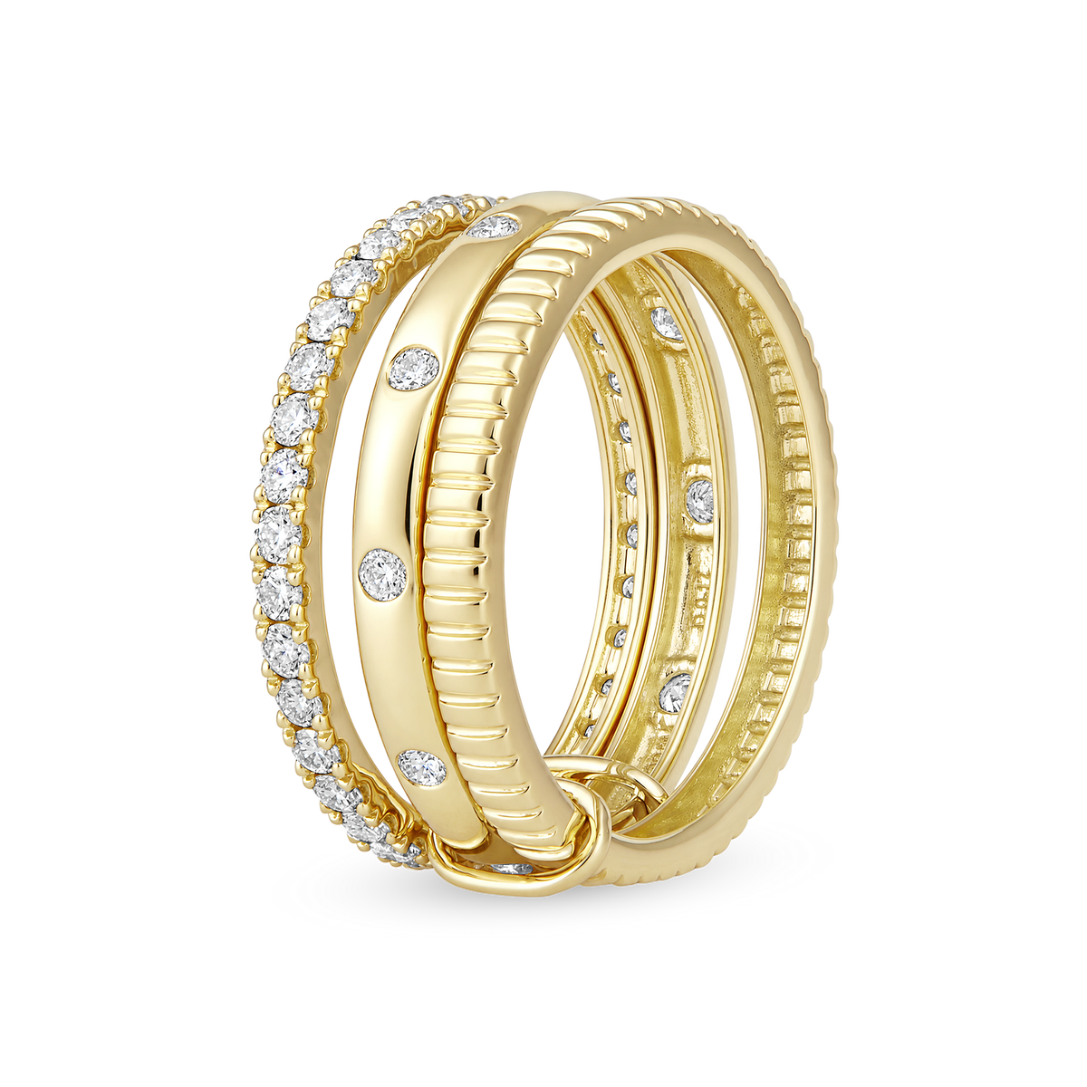 Three Row Pavé Diamond Fluted Stack Ring in 14k yellow gold