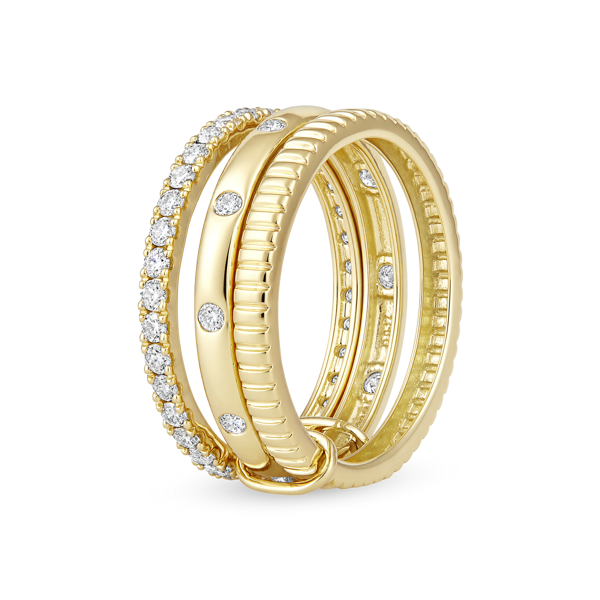 Three Row Pavé Diamond Fluted Stack Ring in 14k yellow gold