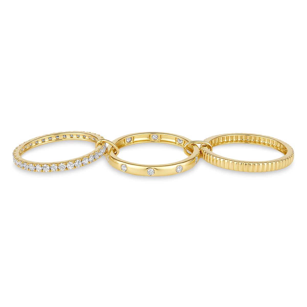 Three Row Pavé Diamond Fluted Stack Ring in 14k yellow gold