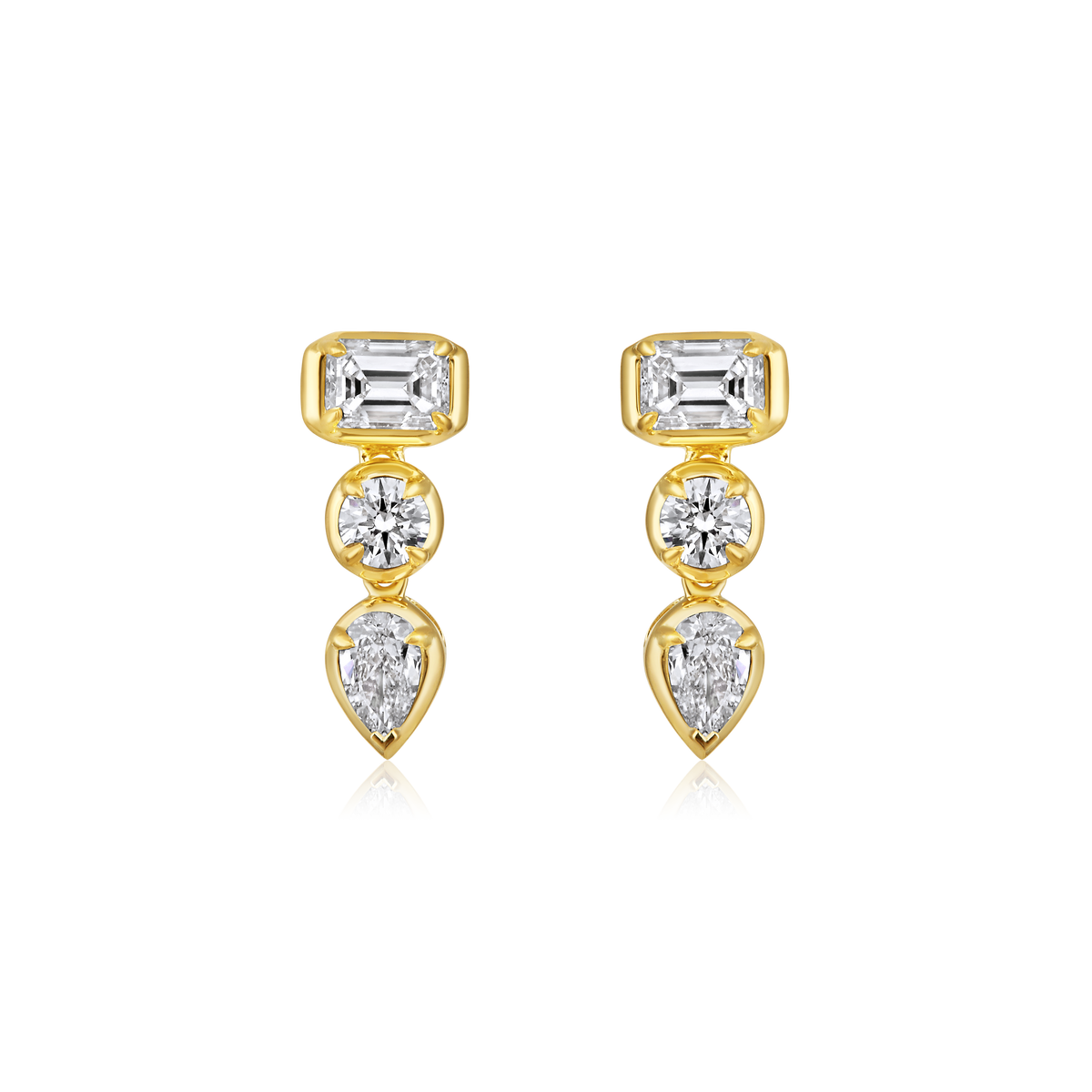East West Emerald Cut and Pear Diamond Bezel Drop Earrings in 14k yellow gold