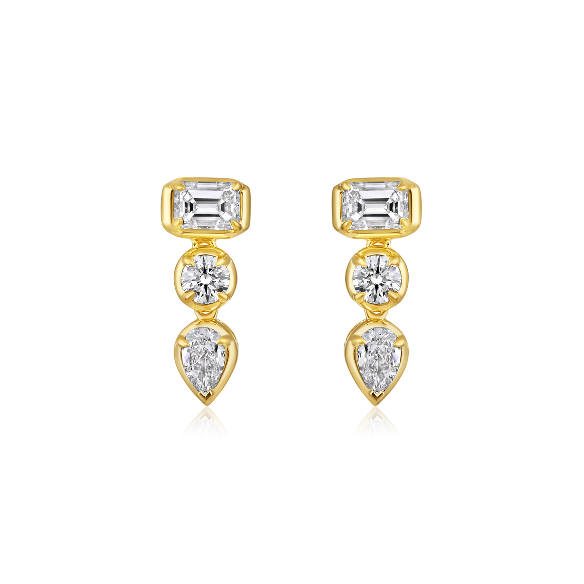 East West Emerald Cut and Pear Diamond Bezel Drop Earrings in 14k yellow gold
