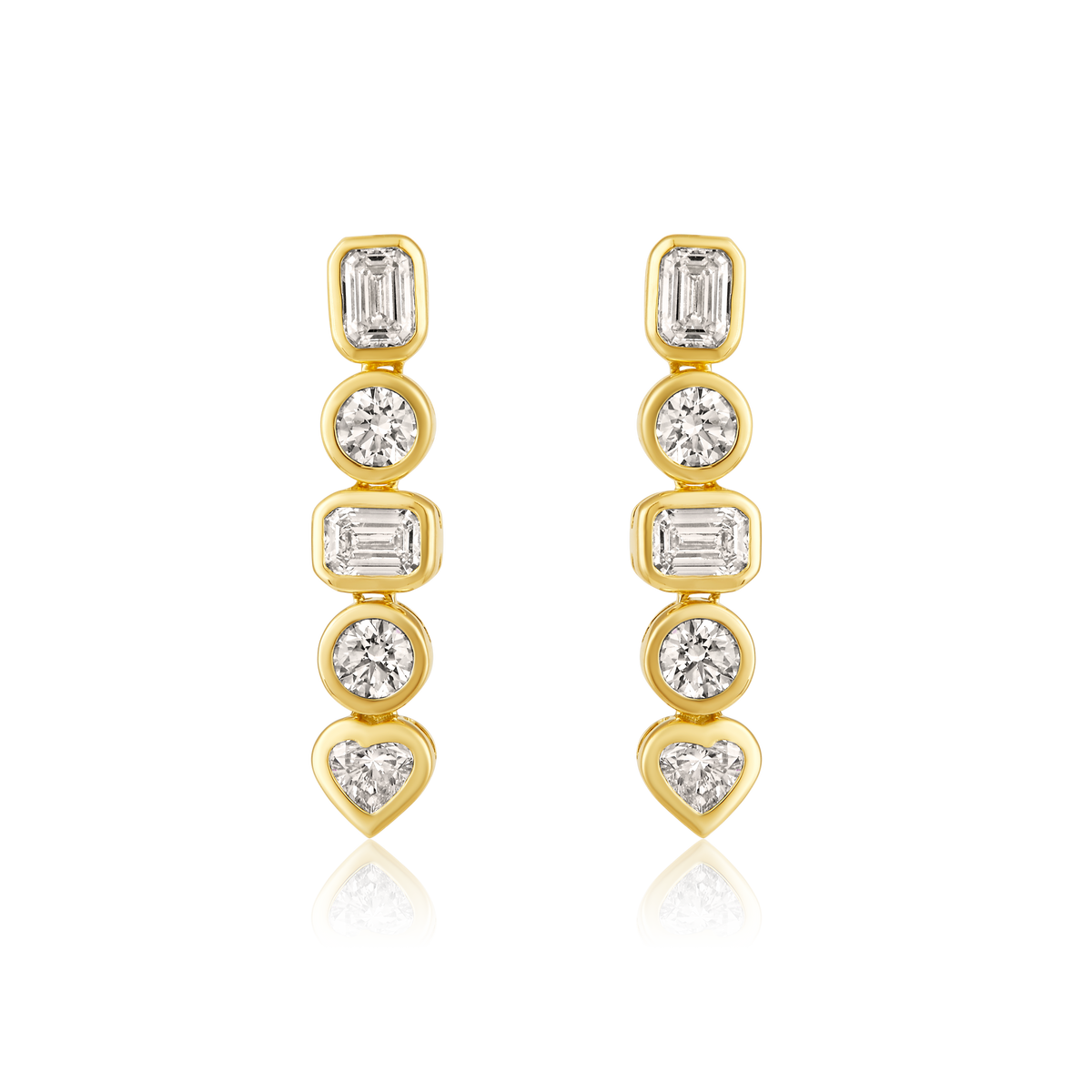 Emerald Cut Diamond Heart Bezel Drop Earrings in 14k yellow gold