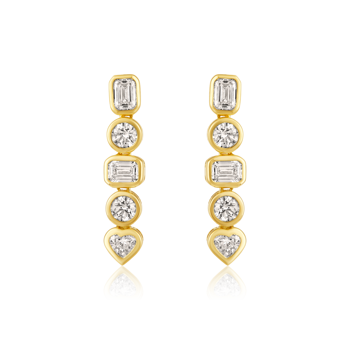 Emerald Cut Diamond Heart Bezel Drop Earrings in 14k yellow gold