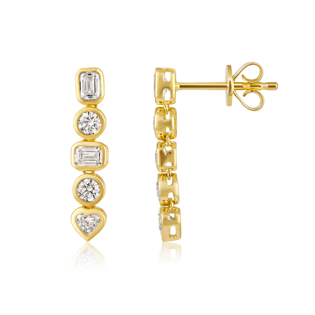 Emerald Cut Diamond Heart Bezel Drop Earrings in 14k yellow gold