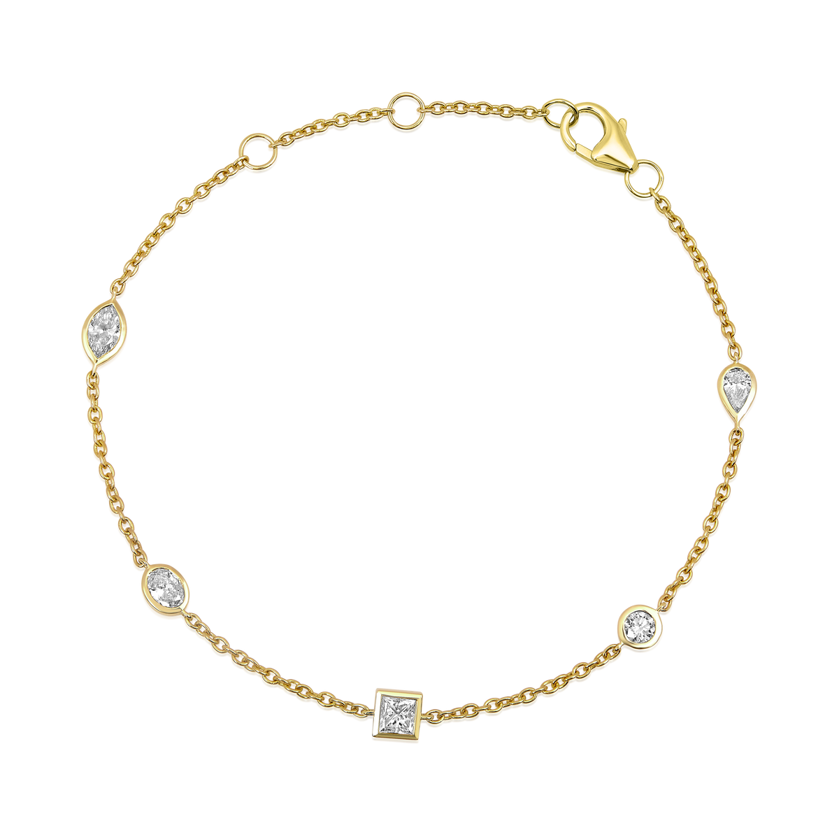 Multi Shape Diamond Bezel Station Bracelet in 14k yellow gold