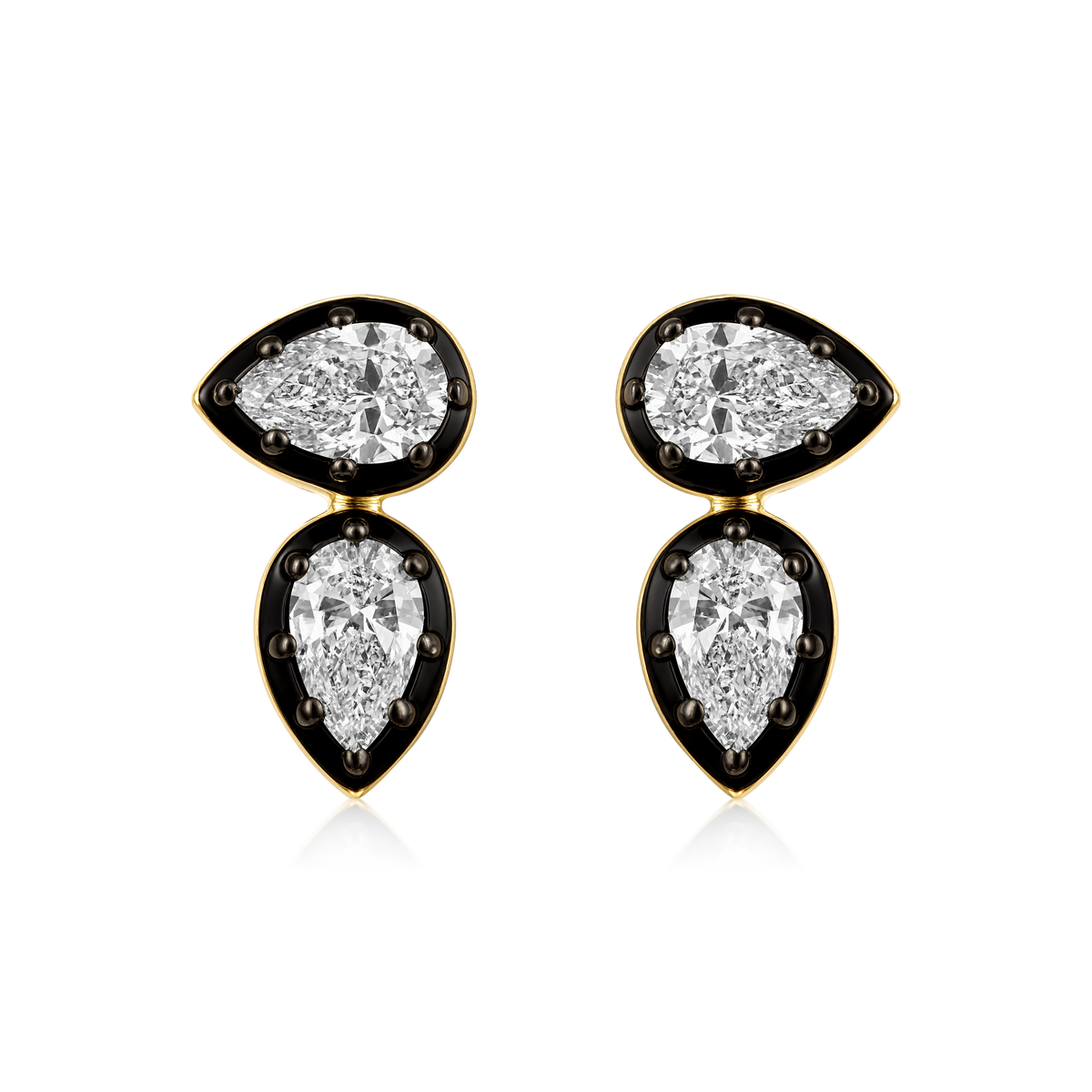 Double Pear Diamond Black Bezel Stud Earrings in 14k yellow gold