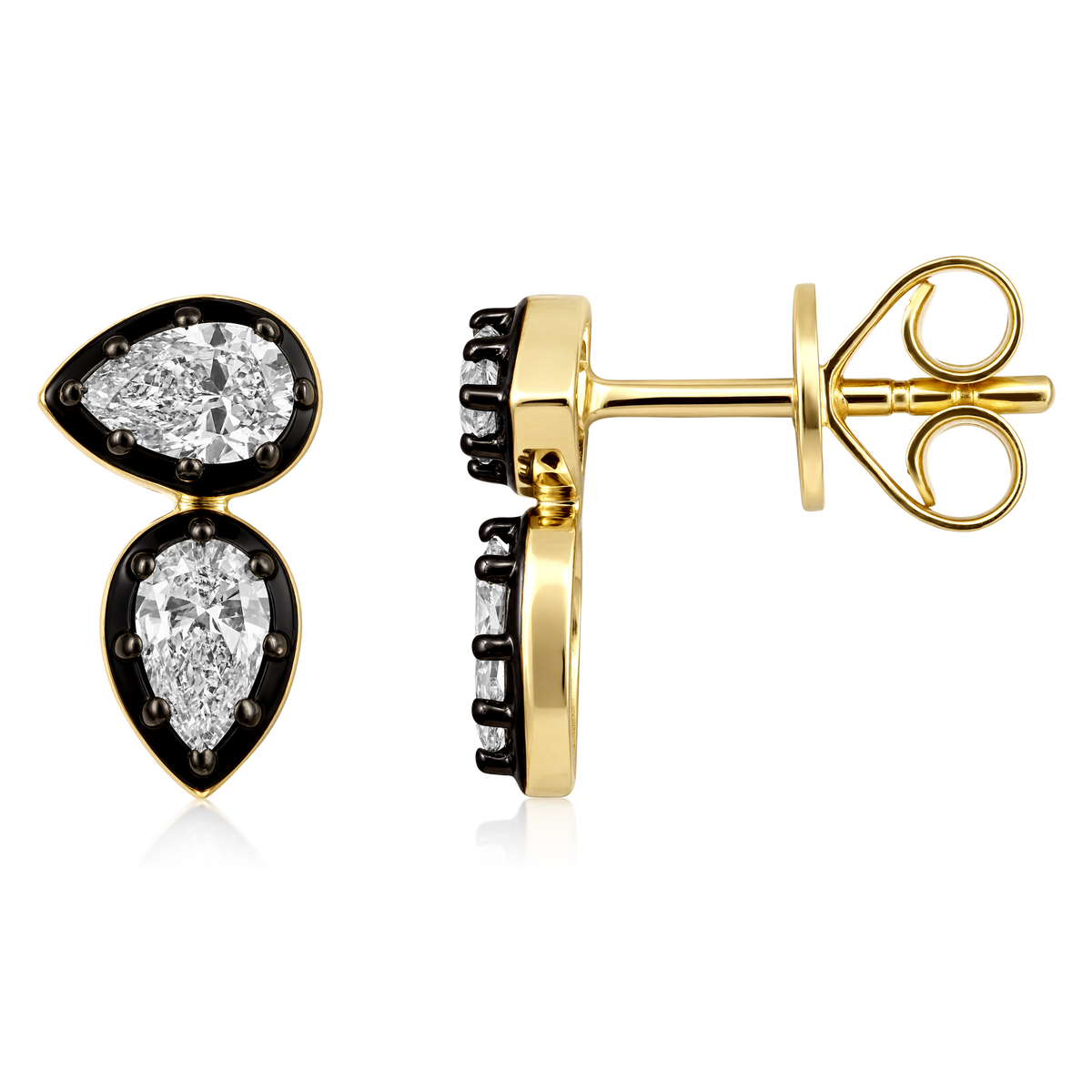 Double Pear Diamond Black Bezel Stud Earrings in 14k yellow gold