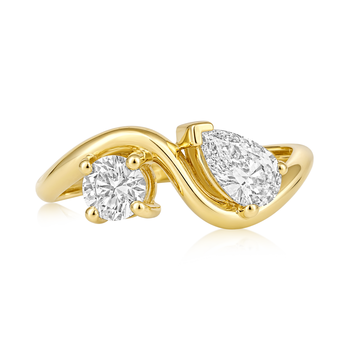 Round and Pear Diamond Bypass Ring in 14k yellow gold