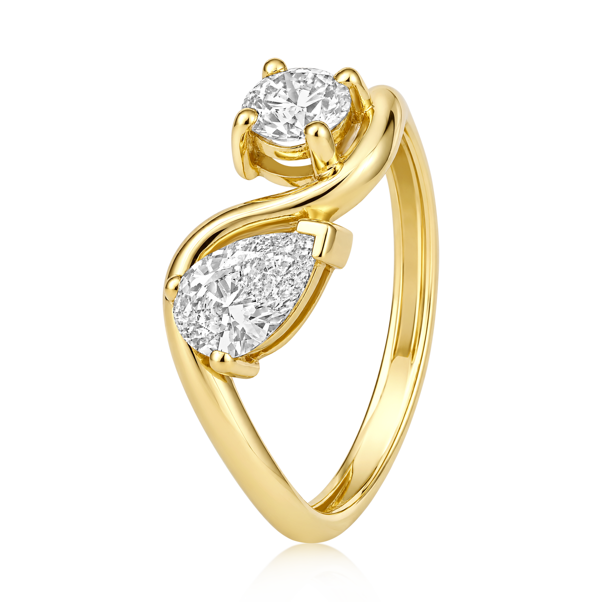 Round and Pear Diamond Bypass Ring in 14k yellow gold