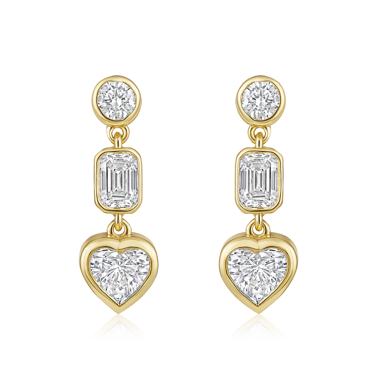 Round Emerald Cut and Heart Diamond Drop Earrings in 14k yellow gold