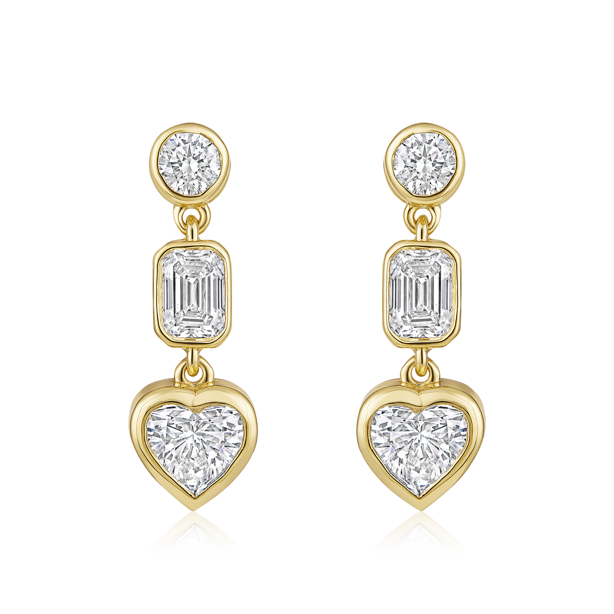 Round Emerald Cut and Heart Diamond Drop Earrings in 14k yellow gold