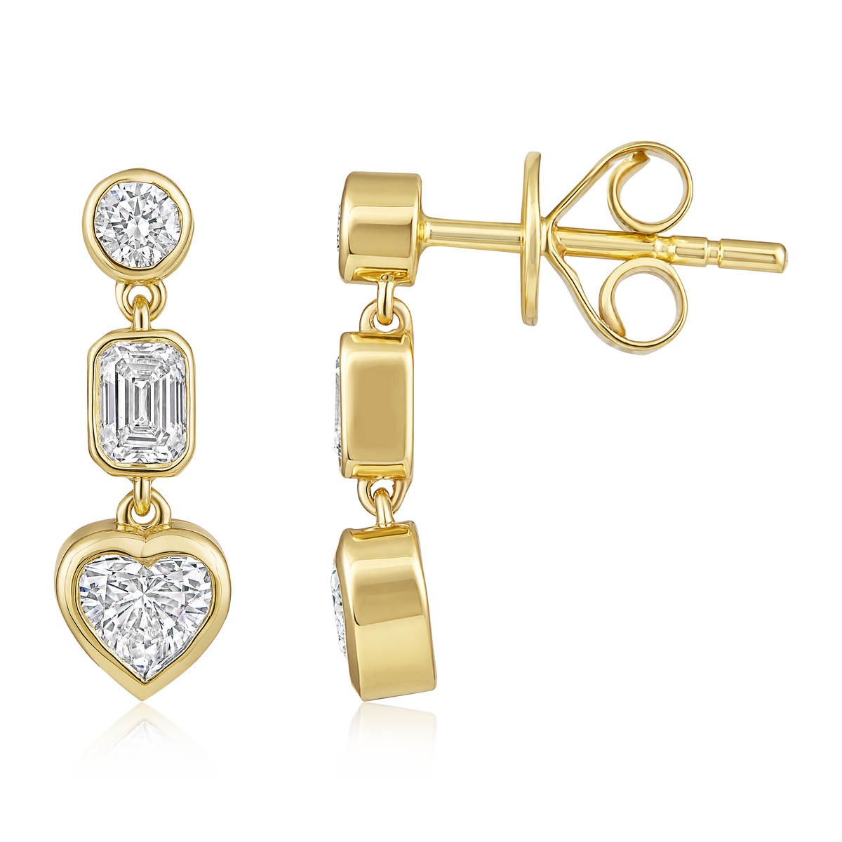 Round Emerald Cut and Heart Diamond Drop Earrings in 14k yellow gold