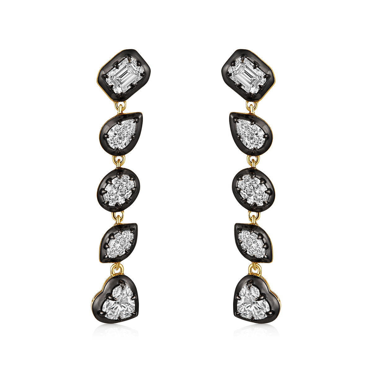 Multi Shape Diamond Black Bezel Drop Earrings in 14k yellow gold
