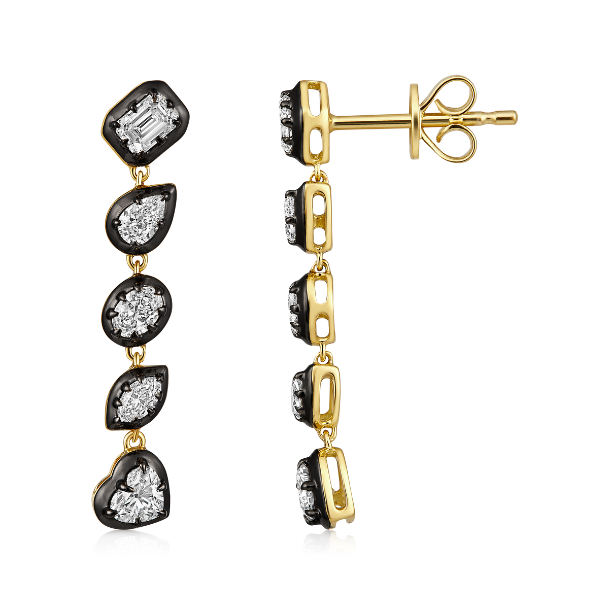 Multi Shape Diamond Black Bezel Drop Earrings in 14k yellow gold